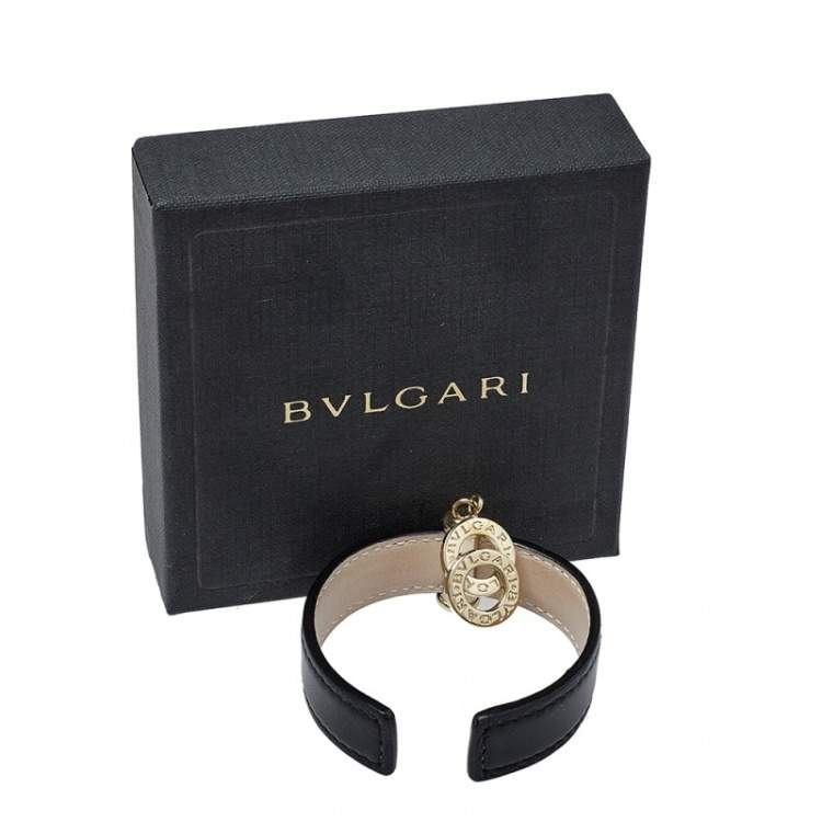 Pre Owned Bvlgari Black Leather Interlocking Circles Charm Open Cuff Bracelet