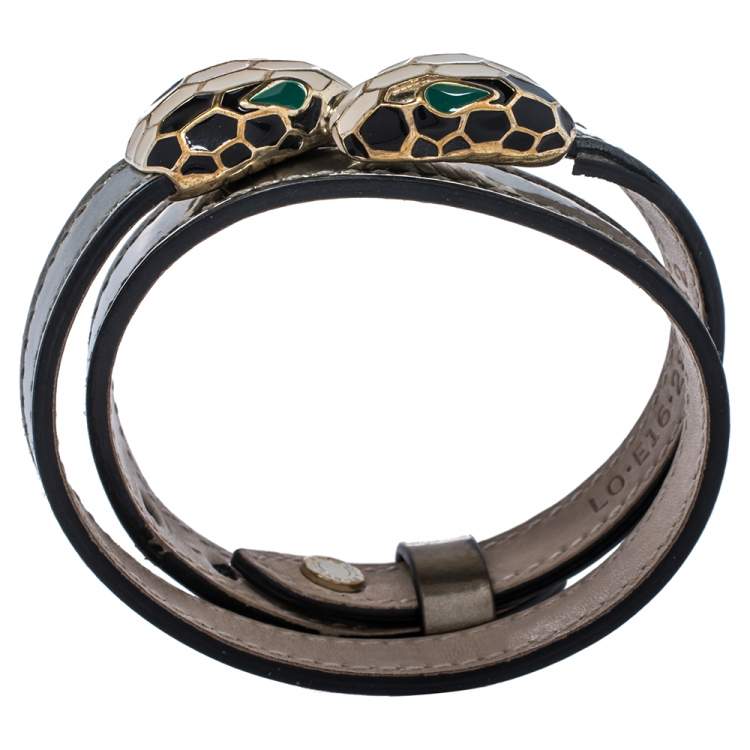 Pre Owned Bvlgari Serpenti Forever Metallic Silver Leather Gold Plated Double Wrap Bracelet