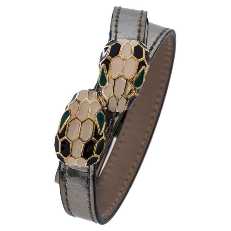 Pre Owned Bvlgari Serpenti Forever Metallic Silver Leather Gold Plated Double Wrap Bracelet