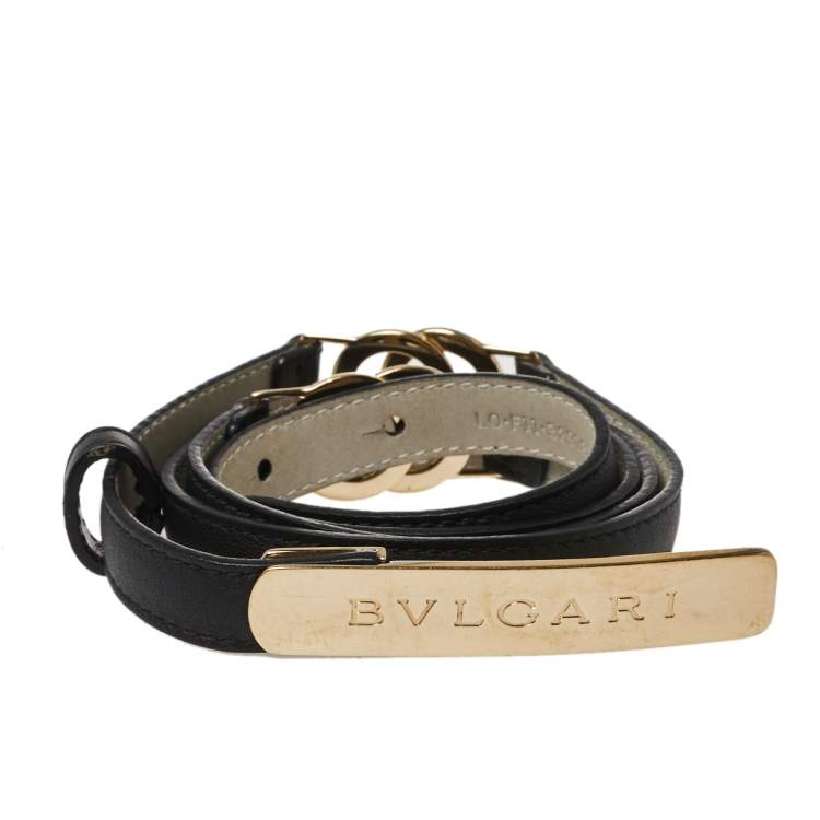 Pre Owned Bvlgari Black Leather Double Ring Buckle Slim Belt 90 CM