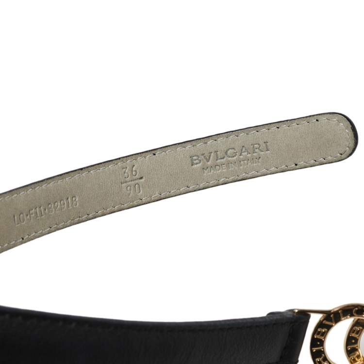 Pre Owned Bvlgari Black Leather Double Ring Buckle Slim Belt 90 CM