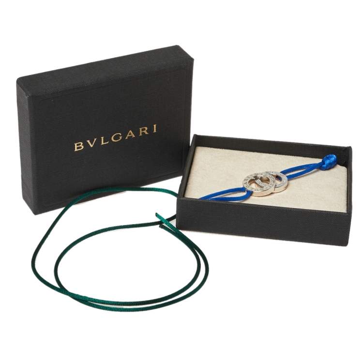 Pre Owned Bvlgari Fortuna Interlocking Circles Sterling Silver Blue Cord Bracelet