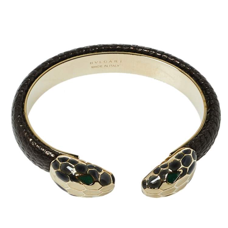 Pre Owned Bvlgari Serpenti Forever Metallic Brown Embossed Leather Open Cuff Bracelet