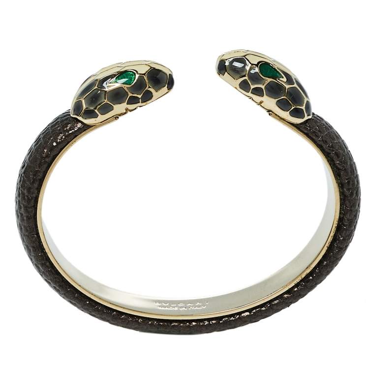 Pre Owned Bvlgari Serpenti Forever Metallic Brown Embossed Leather Open Cuff Bracelet