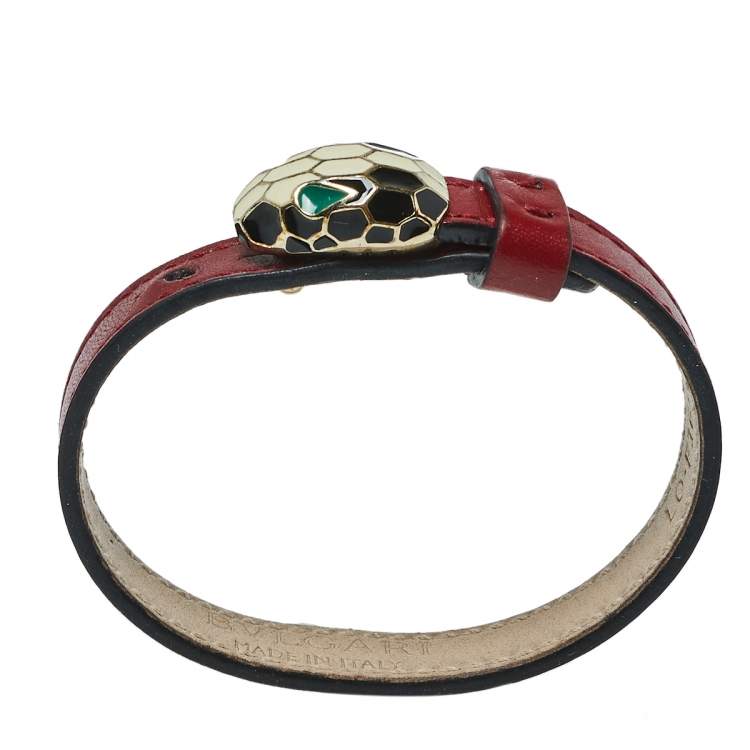 Pre Owned Bvlgari Serpenti Forever Red Leather Enamel Gold Plated Bracelet