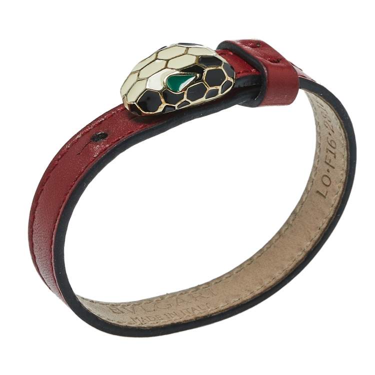 Pre Owned Bvlgari Serpenti Forever Red Leather Enamel Gold Plated Bracelet