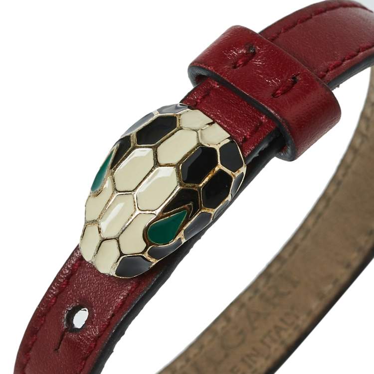 Pre Owned Bvlgari Serpenti Forever Red Leather Enamel Gold Plated Bracelet