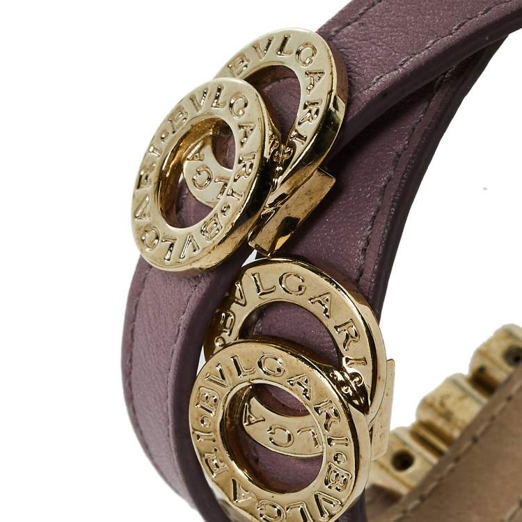 Pre Owned Bvlgari Bvlgari Pale Purple Leather Gold Plated Metal Double Coiled Bracelet