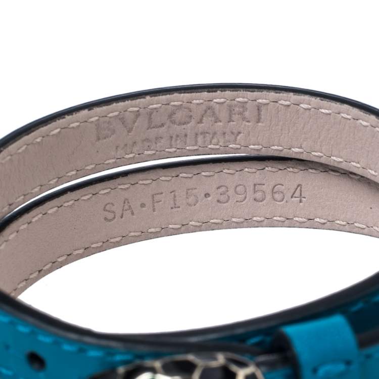 Pre Owned Bvlgari Teal Blue Leather Serpenti Forever Double Wrap Bracelet 