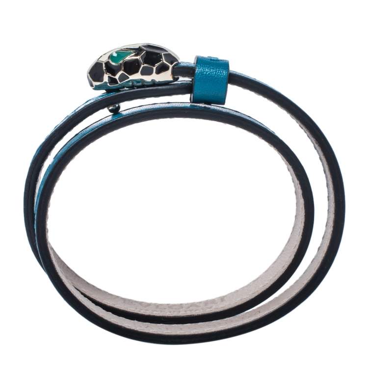Pre Owned Bvlgari Teal Blue Leather Serpenti Forever Double Wrap Bracelet 