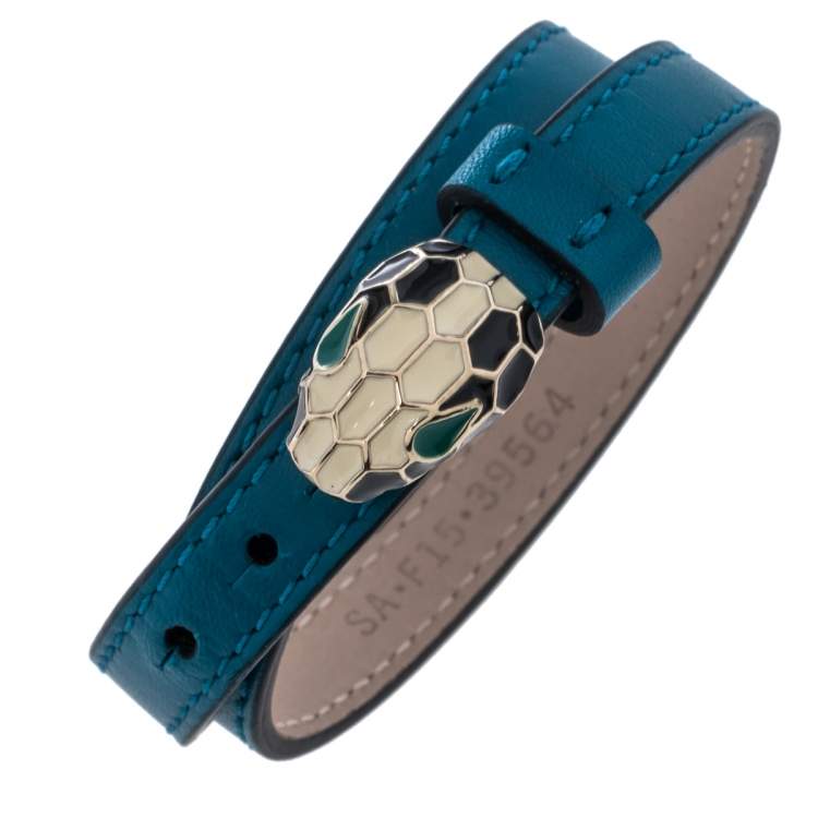 Pre Owned Bvlgari Teal Blue Leather Serpenti Forever Double Wrap Bracelet 