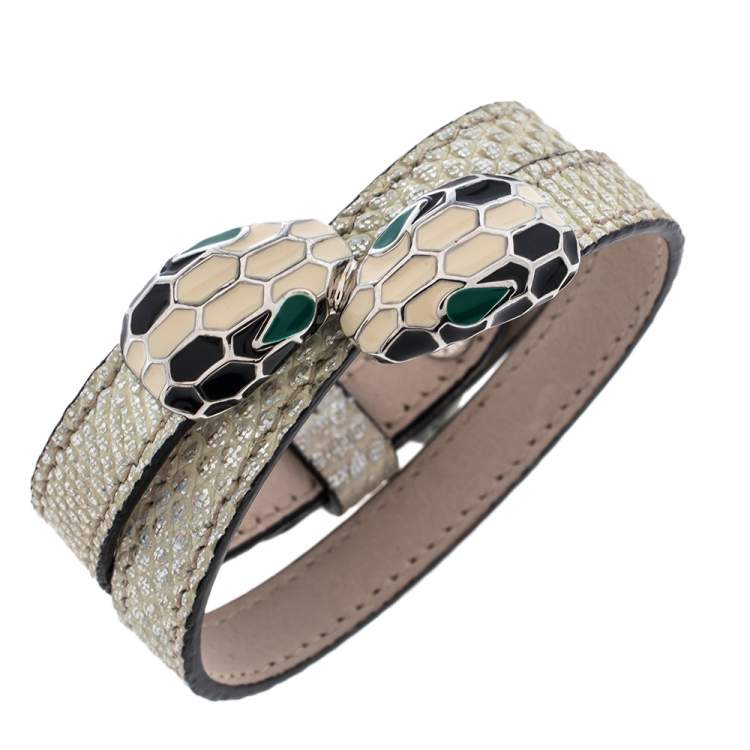 Pre Owned Bvlgari Serpenti Forever Metallic Leather Double Wrap Bracelet