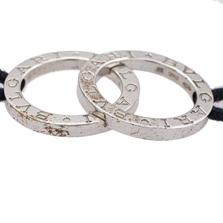 Pre Owned Bvlgari Fortuna Interlocking Circles Silver Navy Blue Cord Bracelet