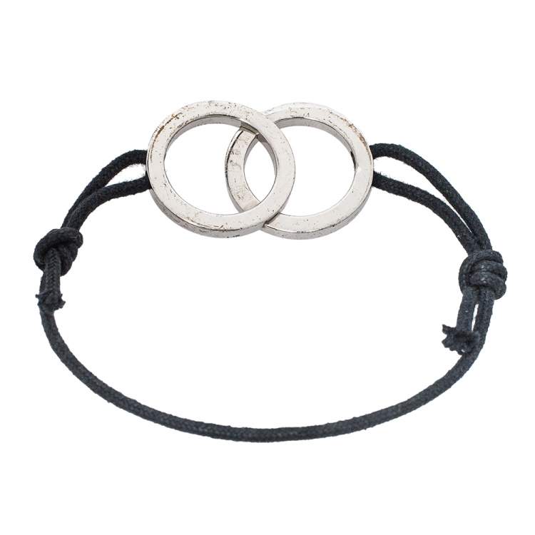 Pre Owned Bvlgari Fortuna Interlocking Circles Silver Navy Blue Cord Bracelet