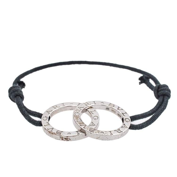 Pre Owned Bvlgari Fortuna Interlocking Circles Silver Navy Blue Cord Bracelet