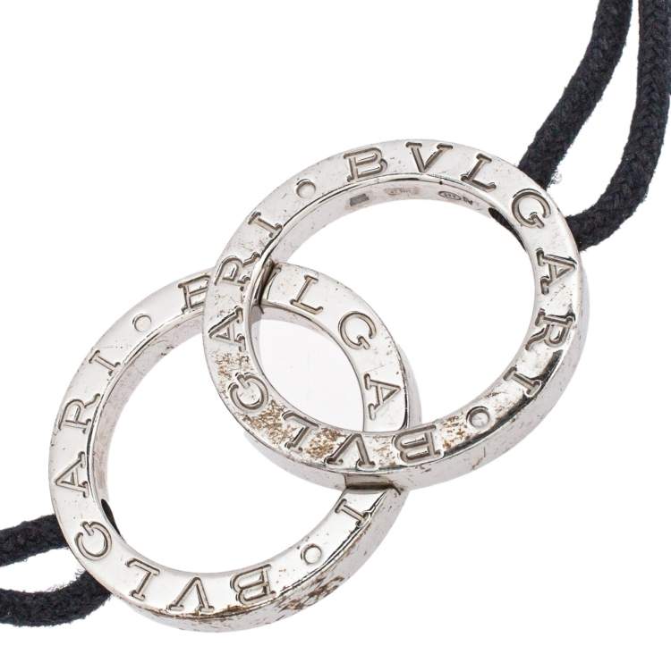 Pre Owned Bvlgari Fortuna Interlocking Circles Silver Navy Blue Cord Bracelet