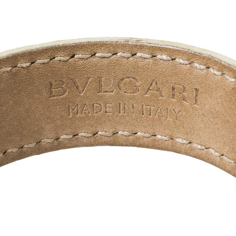 Pre Owned Bvlgari Cream Leather Logo Charm Open Cuff Bracelet