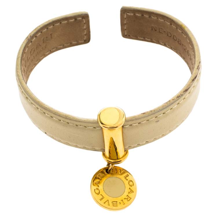 Pre Owned Bvlgari Cream Leather Logo Charm Open Cuff Bracelet