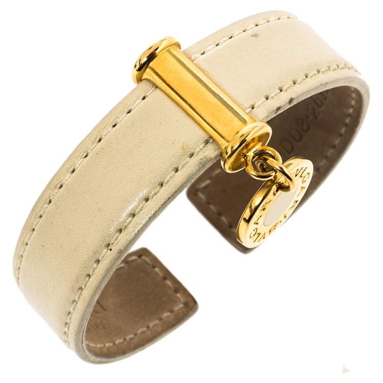 Pre Owned Bvlgari Cream Leather Logo Charm Open Cuff Bracelet