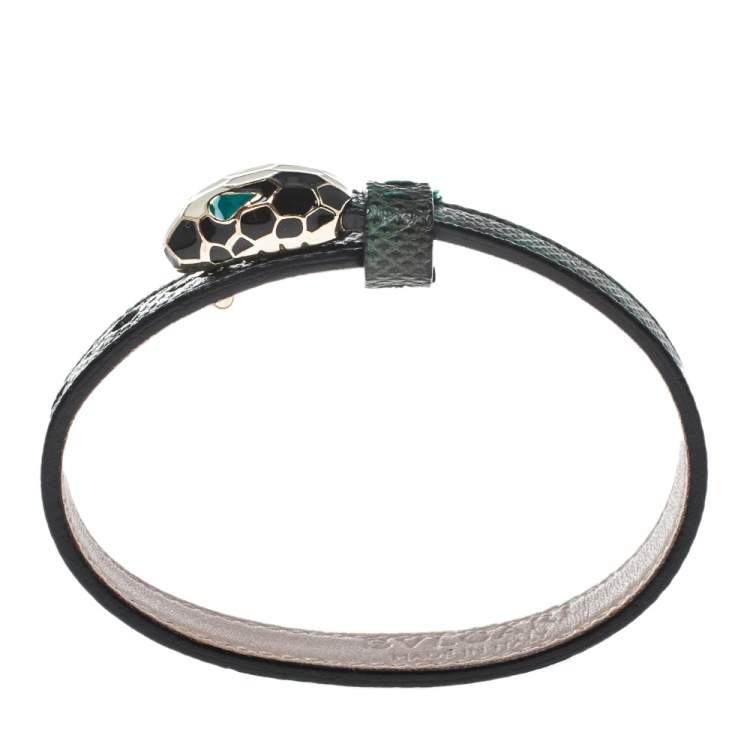 Pre Owned Bvlgari Serpenti Forever Malachite Karung Leather Enamel Gold Plated Bracelet
