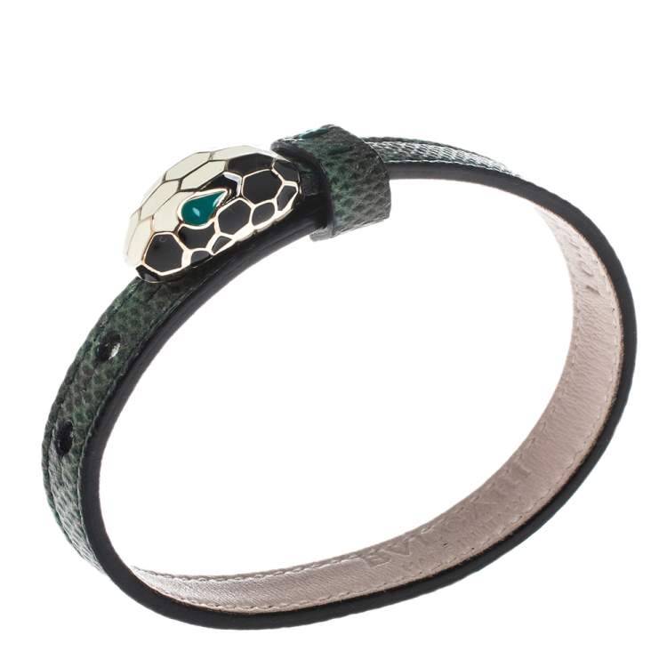 Pre Owned Bvlgari Serpenti Forever Malachite Karung Leather Enamel Gold Plated Bracelet