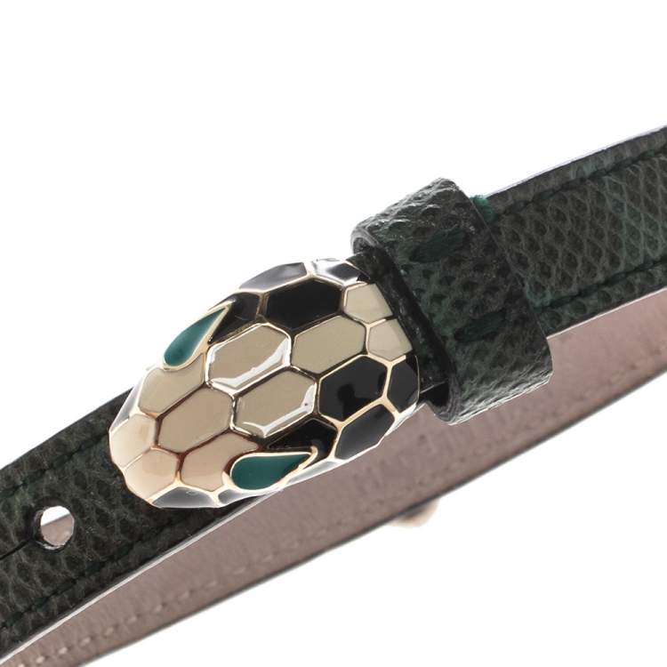Pre Owned Bvlgari Serpenti Forever Malachite Karung Leather Enamel Gold Plated Bracelet