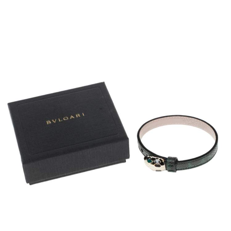 Pre Owned Bvlgari Serpenti Forever Malachite Karung Leather Enamel Gold Plated Bracelet