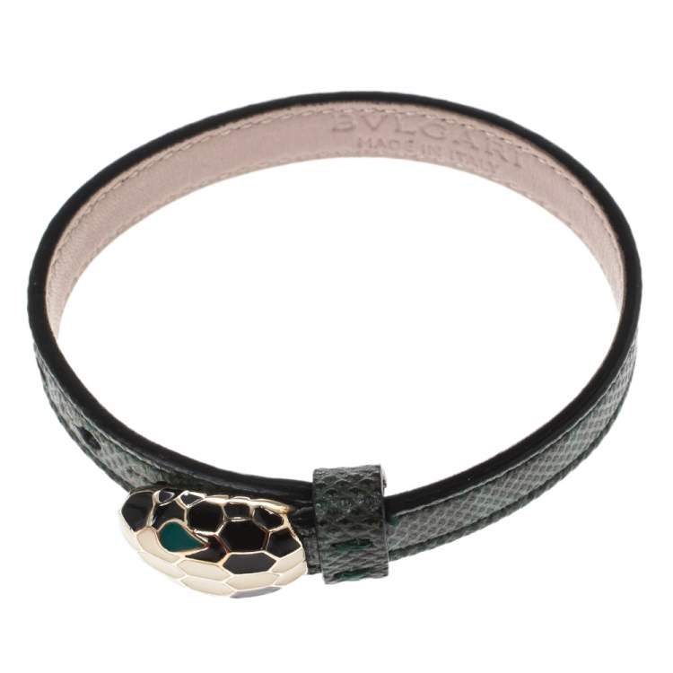 Pre Owned Bvlgari Serpenti Forever Malachite Karung Leather Enamel Gold Plated Bracelet