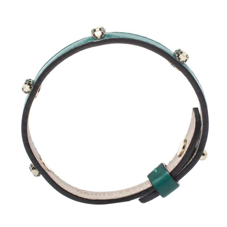 Pre Owned Bvlgari Serpenti Enamel Stud Embellished Green Leather Bracelet