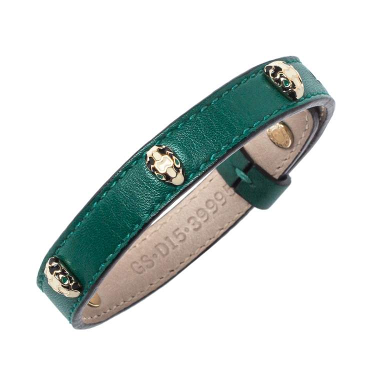 Pre Owned Bvlgari Serpenti Enamel Stud Embellished Green Leather Bracelet