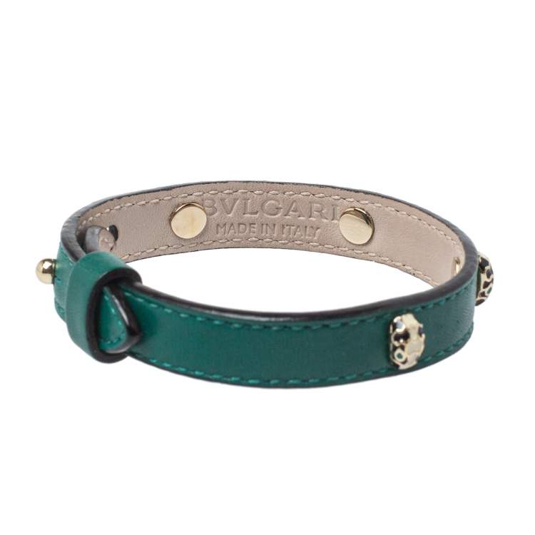Pre Owned Bvlgari Serpenti Enamel Stud Embellished Green Leather Bracelet