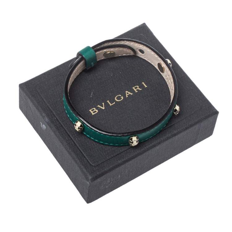 Pre Owned Bvlgari Serpenti Enamel Stud Embellished Green Leather Bracelet