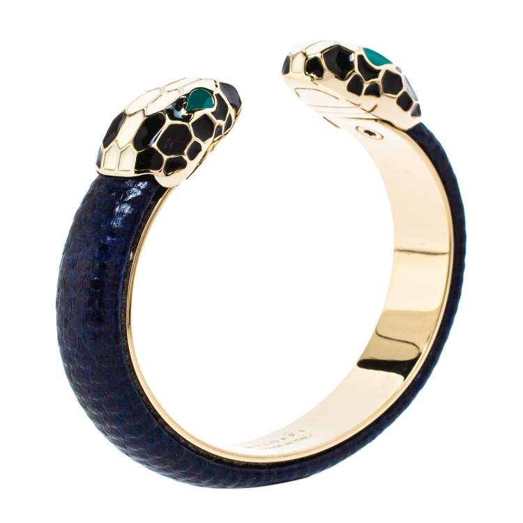 Pre Owned Bvlgari Serpenti Forever Navy Blue Karung Leather Open Cuff Bracelet