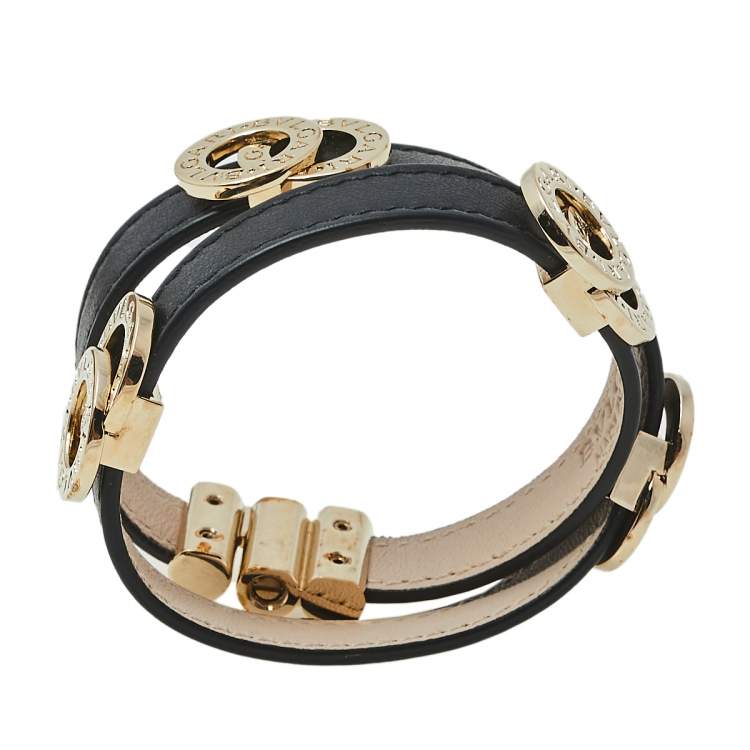 Pre Owned Bvlgari Black Leather Gold Tone Double Coiled Wrap Bracelet