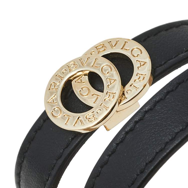 Pre Owned Bvlgari Black Leather Gold Tone Double Coiled Wrap Bracelet