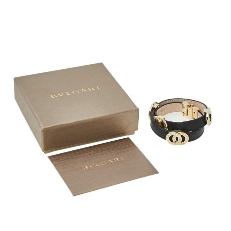 Pre Owned Bvlgari Black Leather Gold Tone Double Coiled Wrap Bracelet