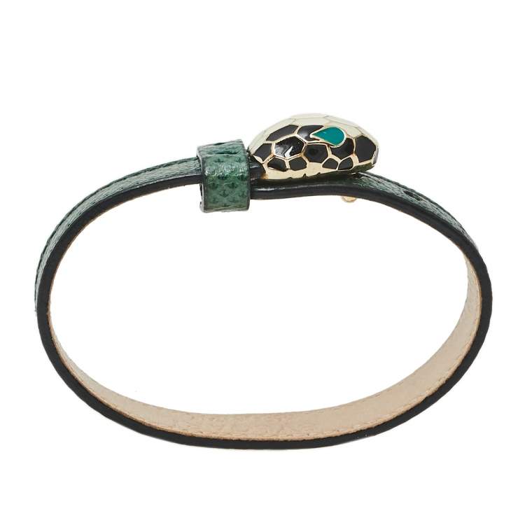 Pre Owned Bvlgari Serpenti Forever Malachite Karung Leather Enamel Gold Plated Bracelet