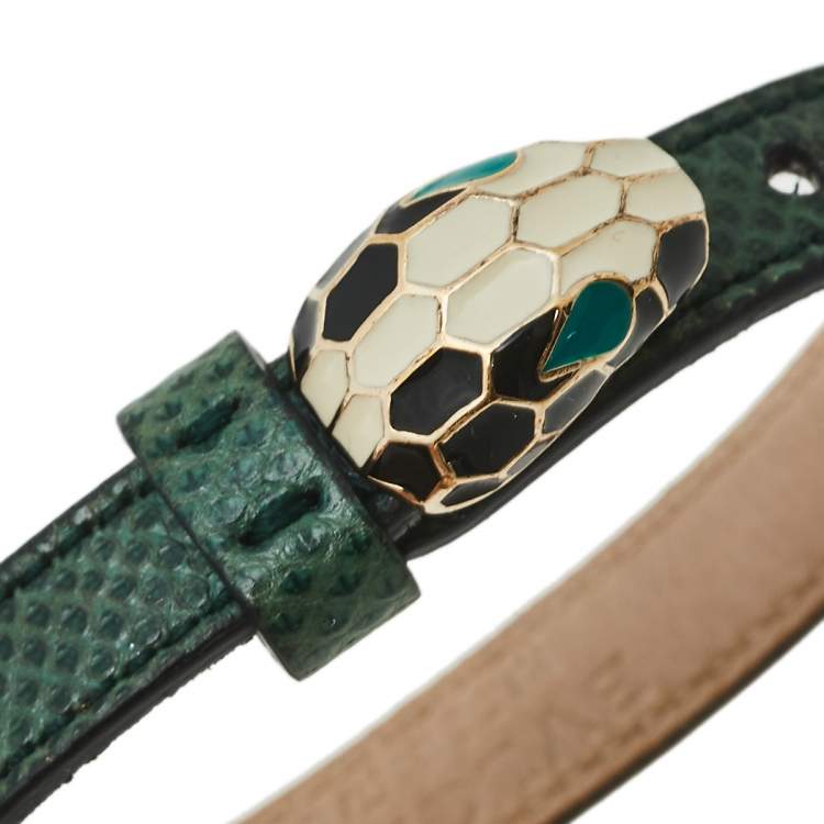 Pre Owned Bvlgari Serpenti Forever Malachite Karung Leather Enamel Gold Plated Bracelet