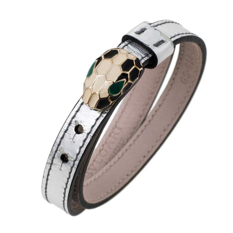 Pre Owned Bvlgari Serpenti Forever Silver Leather Double Wrap Bracelet