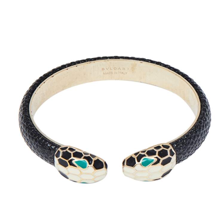 Pre Owned Bvlgari Serpenti Forever Enamel & Metallic Leather Gold Plated Open Cuff Bracelet