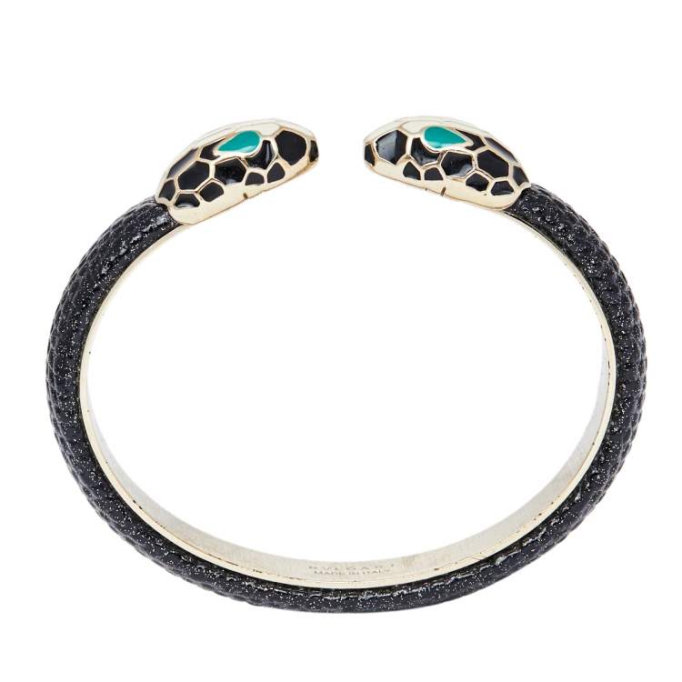 Pre Owned Bvlgari Serpenti Forever Enamel & Metallic Leather Gold Plated Open Cuff Bracelet