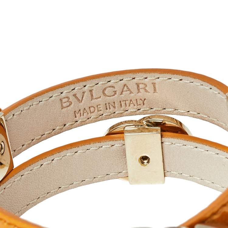 Pre Owned Bvlgari Tan Brown Leather Double Coiled Gold Plated Bracelet 