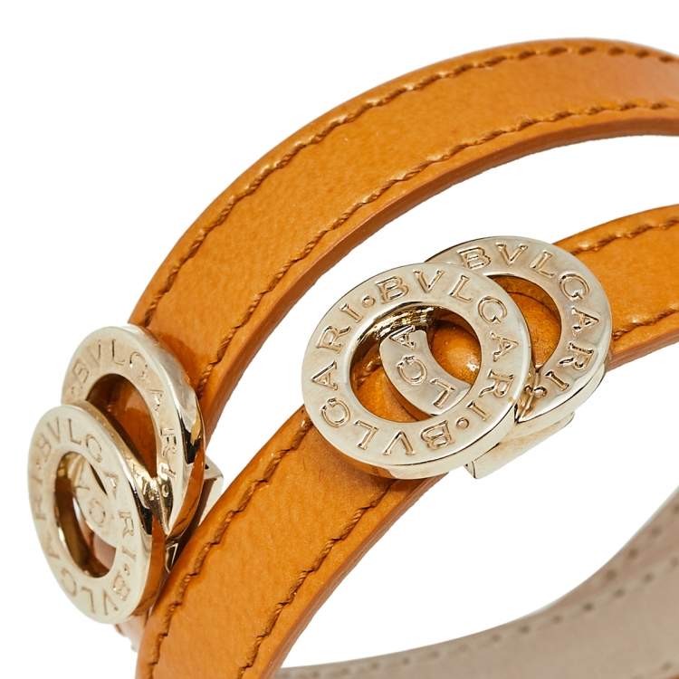 Pre Owned Bvlgari Tan Brown Leather Double Coiled Gold Plated Bracelet 