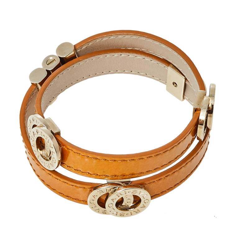 Pre Owned Bvlgari Tan Brown Leather Double Coiled Gold Plated Bracelet 