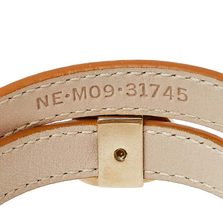 Pre Owned Bvlgari Tan Brown Leather Double Coiled Gold Plated Bracelet 