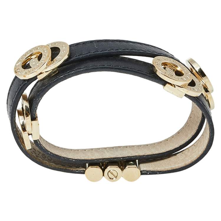 Pre Owned Bvlgari Black Leather Double Coiled Wrap Bracelet