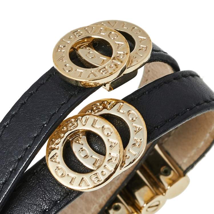 Pre Owned Bvlgari Black Leather Double Coiled Wrap Bracelet