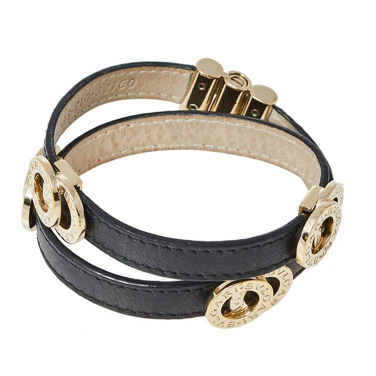 Pre Owned Bvlgari Black Leather Double Coiled Wrap Bracelet