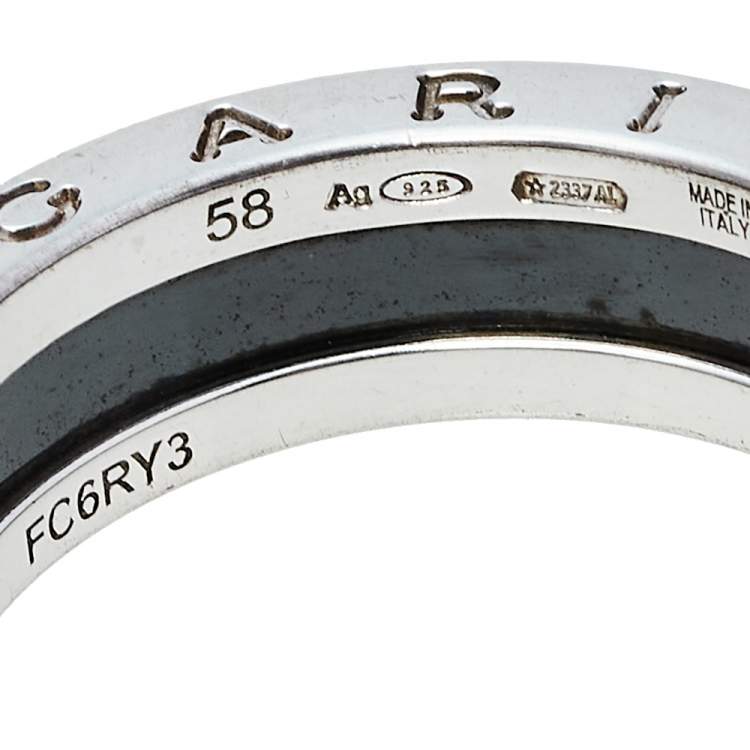 Pre Owned Bvlgari Save the Children 1-Band Silver and Black Ceramic Ring Size EU 58