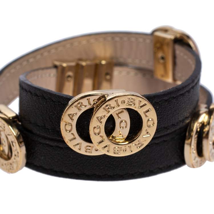 Pre Owned Bvlgari Black Leather Gold Tone Double Coiled Bracelet